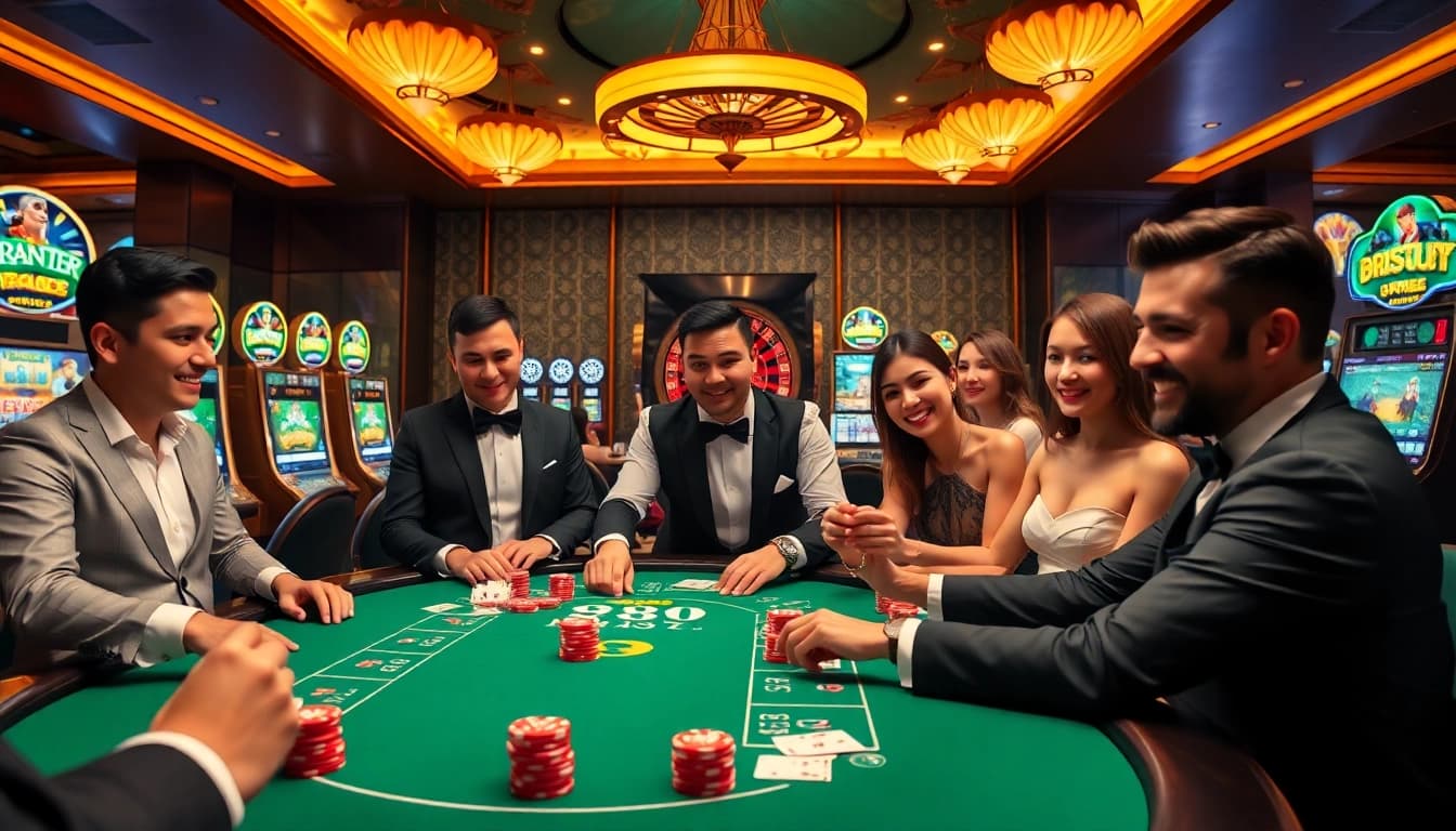 Players enjoying a lively blackjack game at BJ88 with vibrant casino elements.