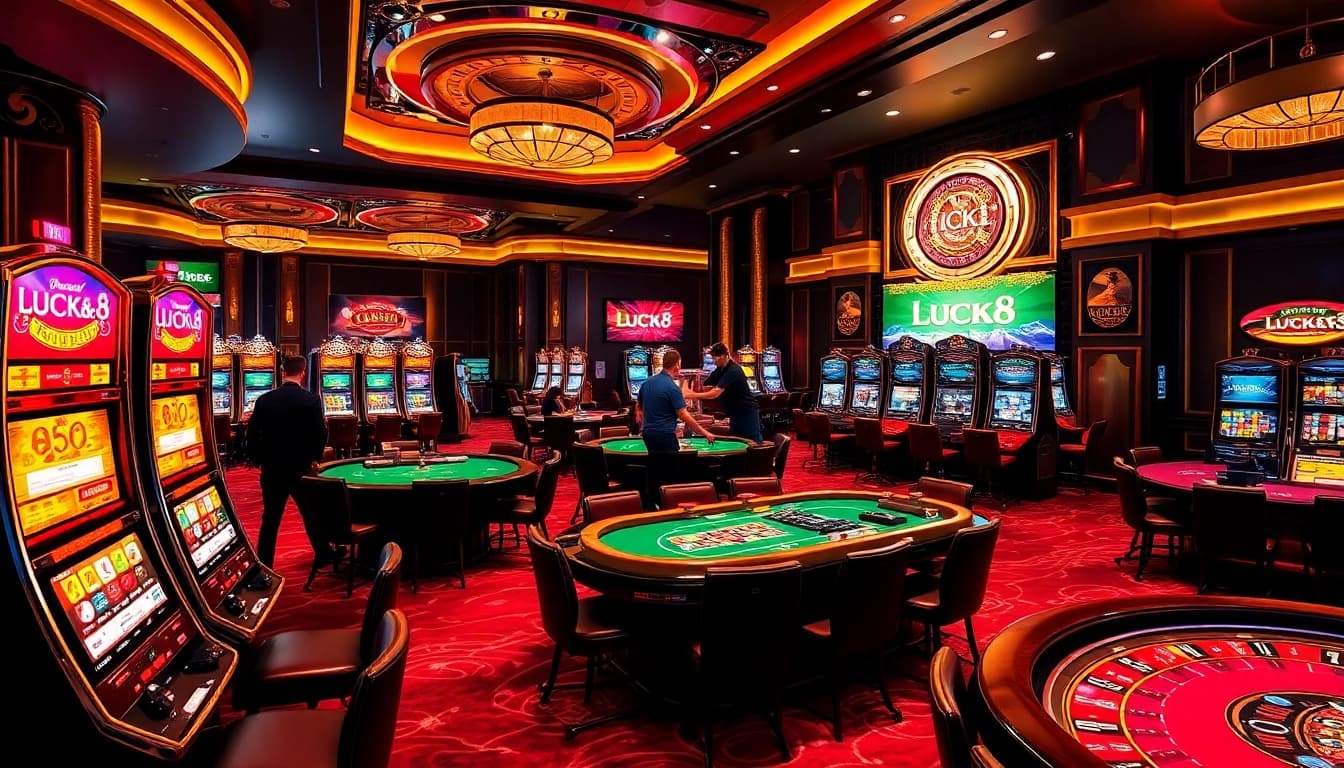 Experience LUCK8's thrilling casino atmosphere with vibrant gaming action and luxury decor.