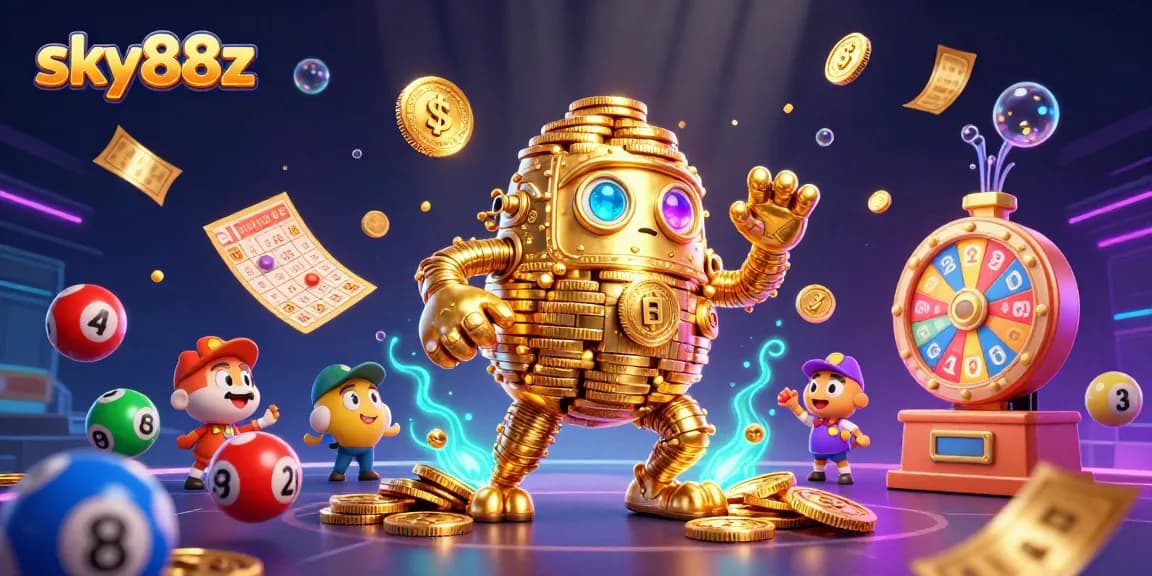 Engage with sky88z's vibrant gaming scene featuring a dynamic ancient golden golem and colorful lottery elements.