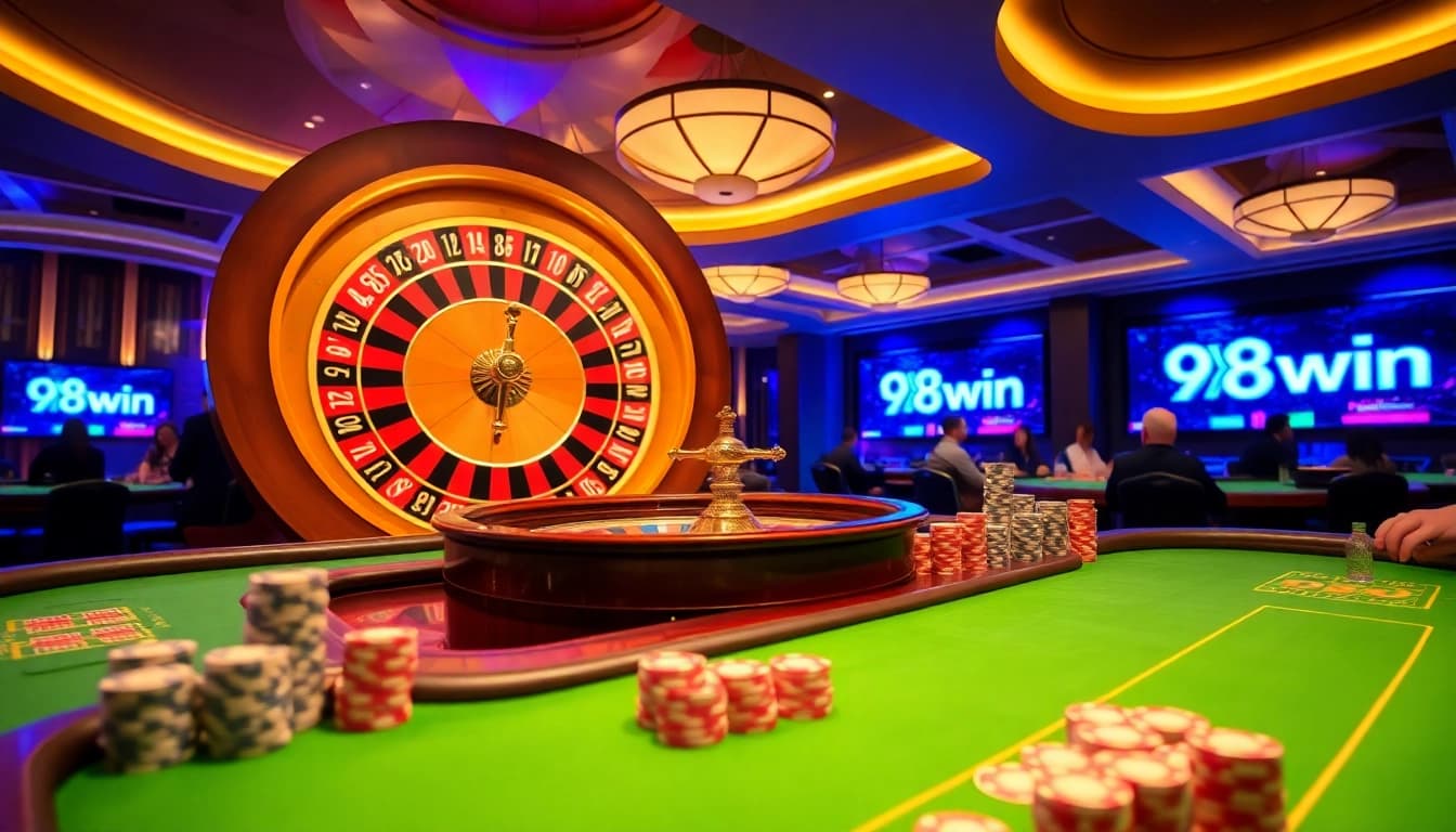 Engaging players at the 98win casino table with vibrant chips and dynamic actions.