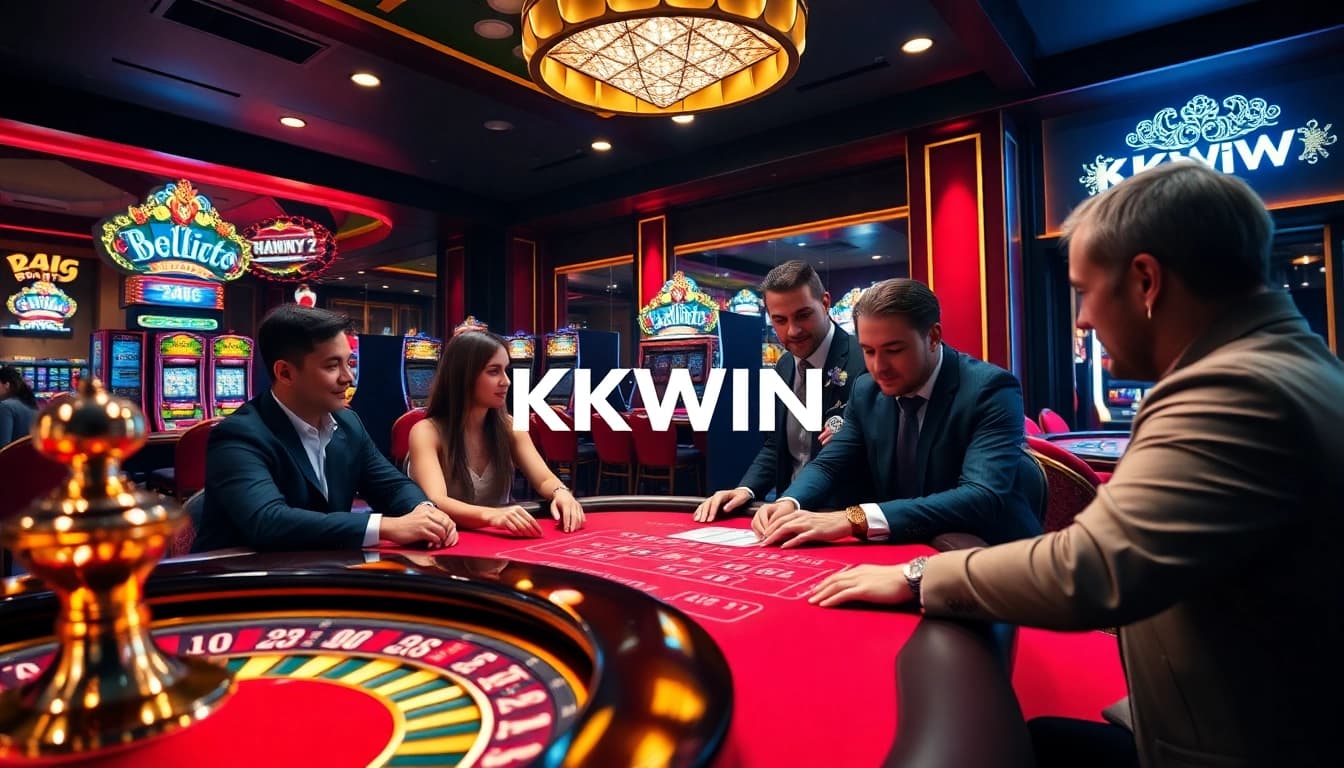 Exciting casino scene at KKWIN with players at blackjack and sparkling slot machines.