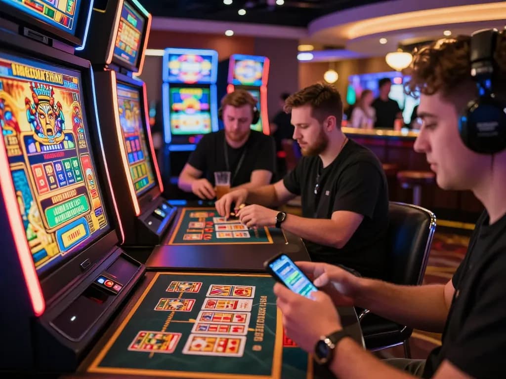 Players enjoying a lively gaming experience at kuwin online casino, engaging in slots and card games with vibrant lights.