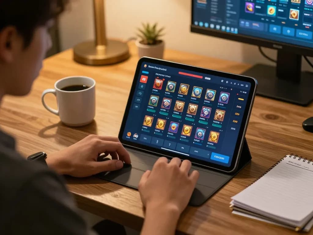 Engaged player enjoying bandar togel online on tablet, displaying strategic gameplay in a warm, personalized setting