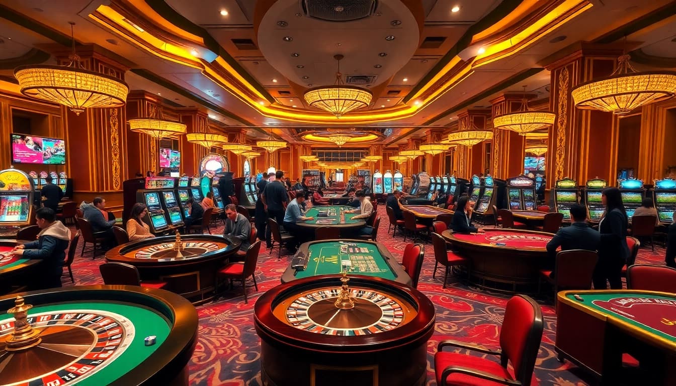 Excited players at the casino enjoying games like poker, roulette, enhancing their experience with juragan77.