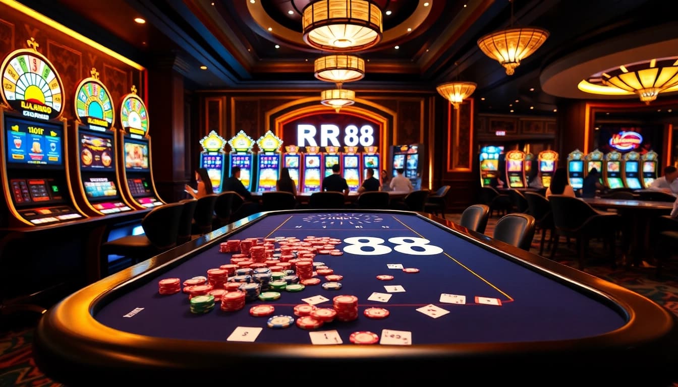 Players enjoying an exciting gaming experience at RR88 casino, with vibrant poker chips and illuminated slot machines.