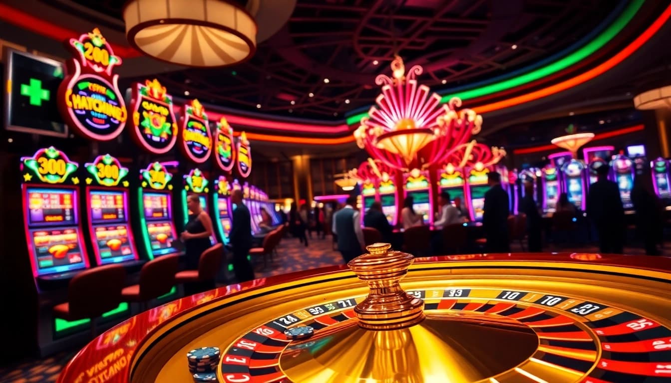 Players enjoying slot machines and roulette in a luxurious casino, experiencing excitement and fun.