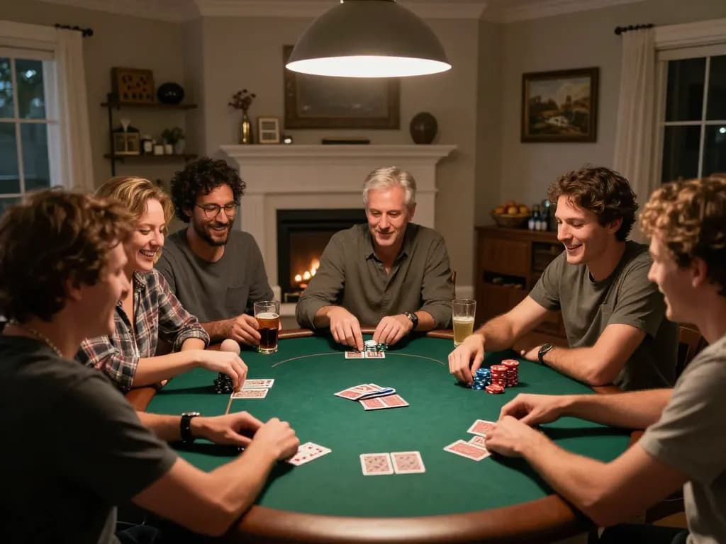 Players enjoying a thrilling poker game at home with friends at 789f, chips and cards in action.