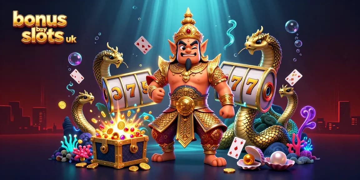 Engaging 3D scene showcasing bonus buy slots uk with a golden guardian, slot reels, and treasure effects.