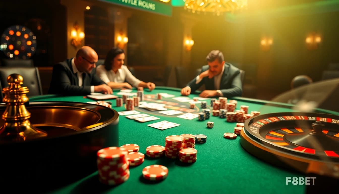 F8BET poker table showcasing vibrant chips, cards, and skilled gamblers in action.