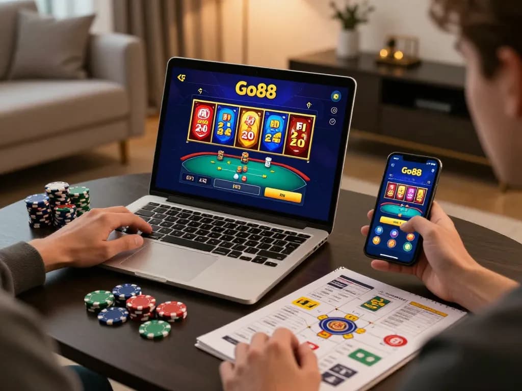 Engaging with Go88 online casino games on a laptop and smartphone in a stylish home setup.