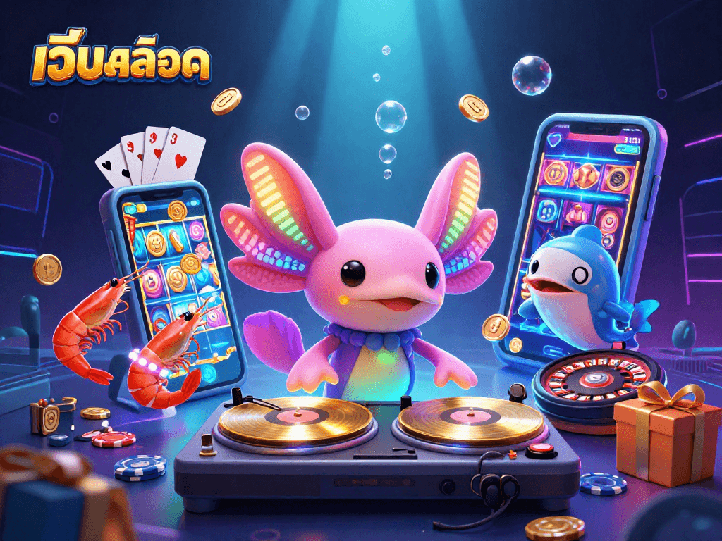 Experience engaging เว็บสล็อต action with a neon axolotl DJ and dynamic gaming elements in a vibrant underwater scene.