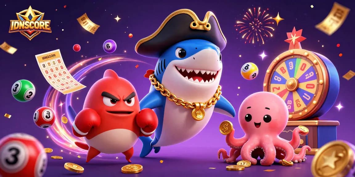Spin winning combinations at IDNSCORE with an exciting undersea gaming scene featuring vibrant characters and lottery elements.