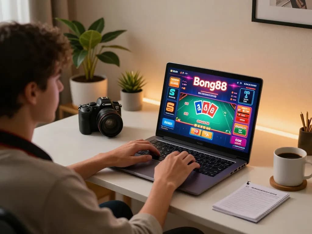 Engaging with Bong88 online gaming on a laptop, showing vibrant games interface and cozy setup.