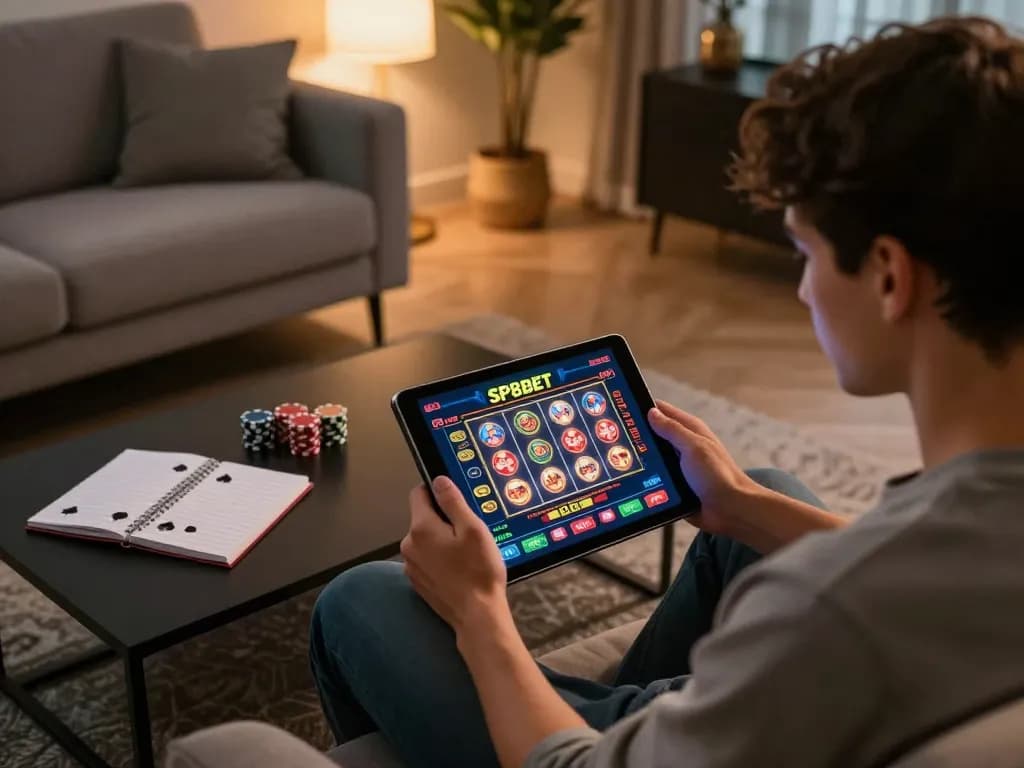 Player engaging with SP8BET online casino games on a tablet in a cozy home setting.