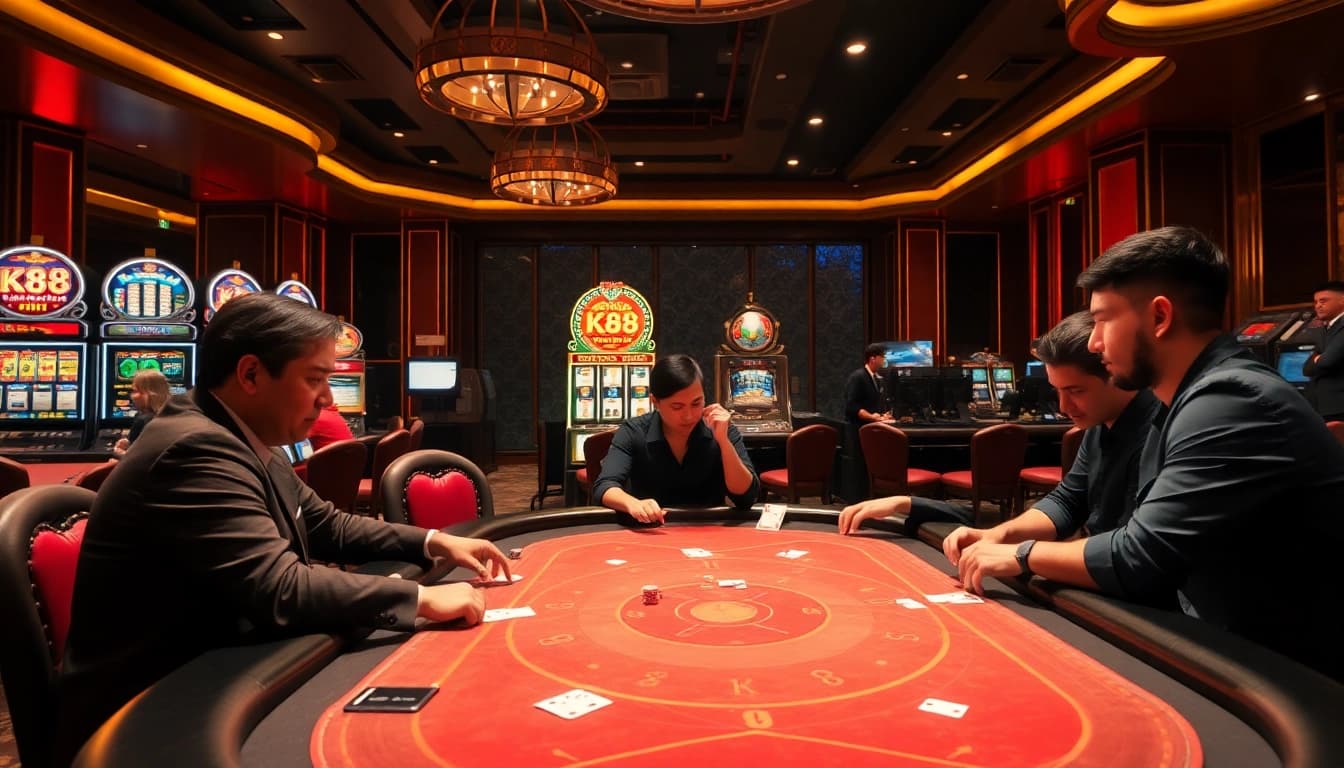 K88 poker table action with players competing in a vibrant casino environment.