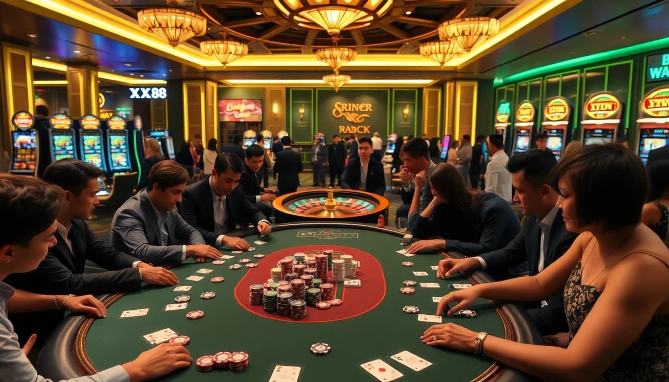 Exciting poker gameplay at https://xx88casino.com/ showcasing vibrant chips and cards in a luxurious casino environment.