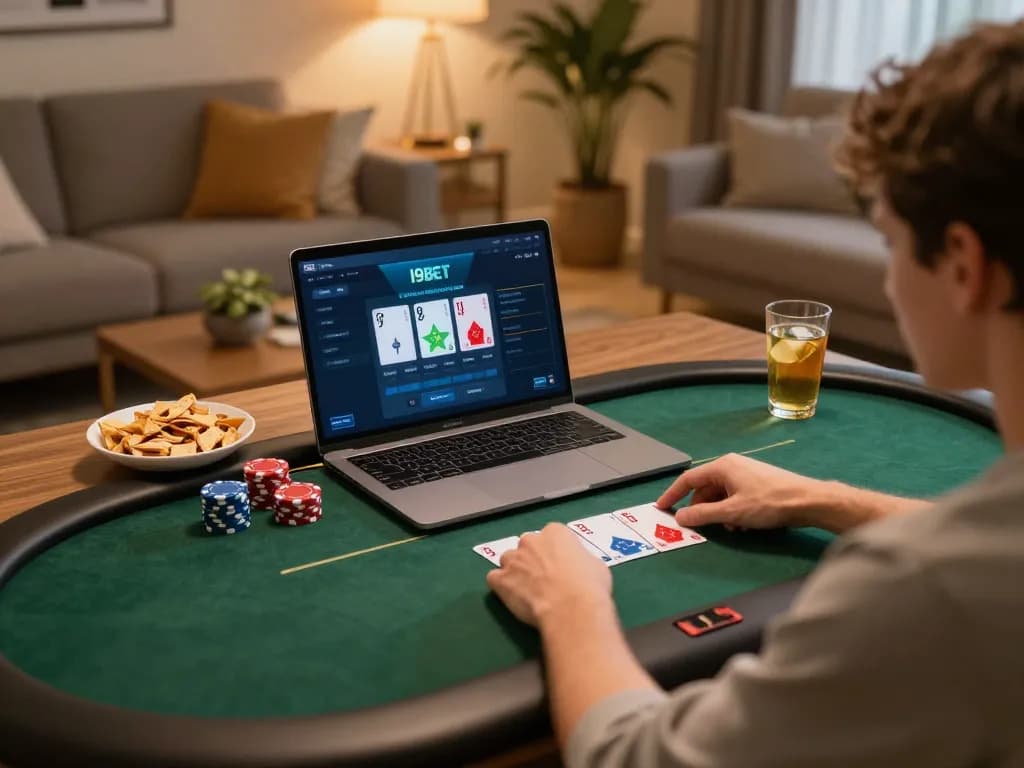 I9BET online poker gaming session in a cozy home setting with a user engaged on a laptop