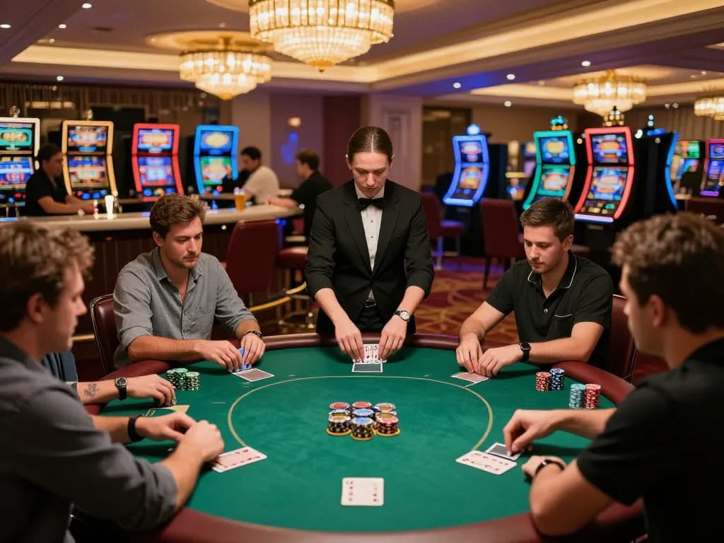 Kuwin poker game in an upscale casino, players engaged with cards and chips, warm lighting creating an inviting atmosphere.