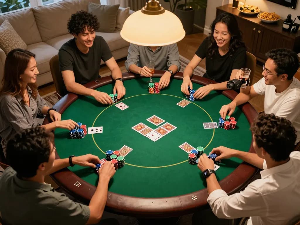 B52CLUB players engaging in an exciting poker game night with colorful chips and community cards