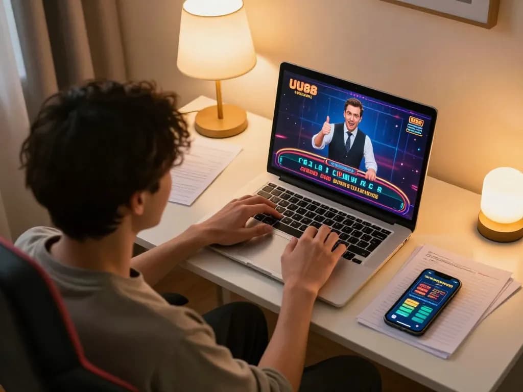 UU88 player engaging with live dealer games in a stylish home gaming setup.