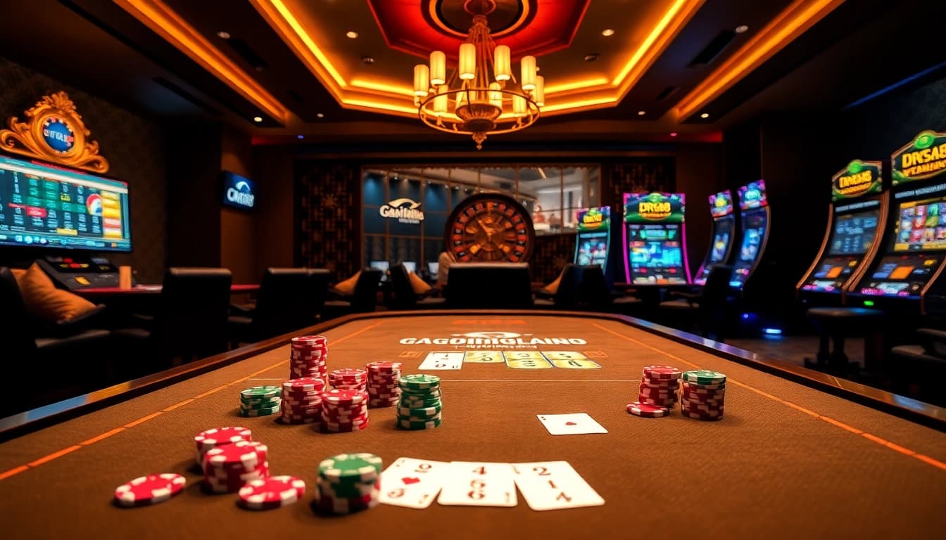 Engaging scene of the Nhà cái casino dr88 featuring vibrant gambling elements like poker chips, cards, and roulette.