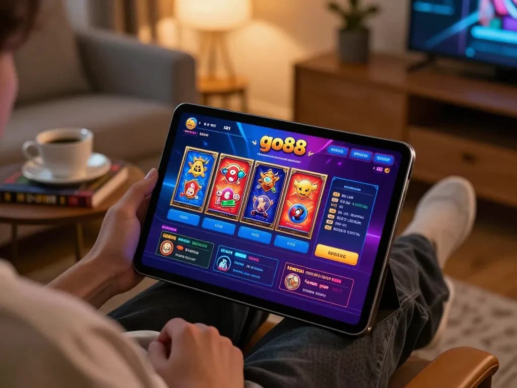 Engaging go88 online gaming session displayed on a tablet in a cozy home setting.