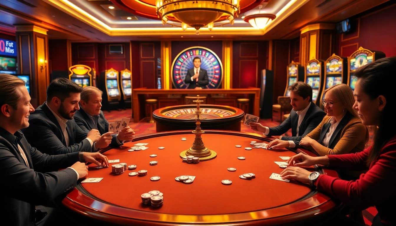 KK55 casino experience with players at a poker table and bright slot machines.