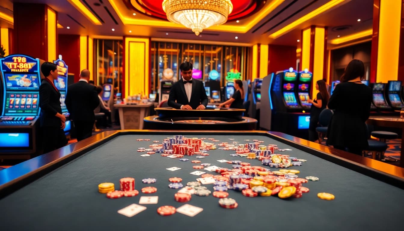 TT88 gaming table bustling with excitement and colorful chips in a luxurious casino.