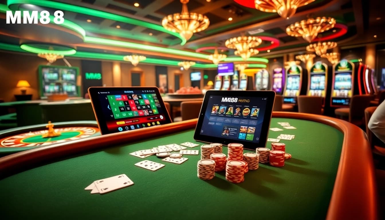 MM88 poker table filled with chips and cards, illustrating the excitement of casino gambling.
