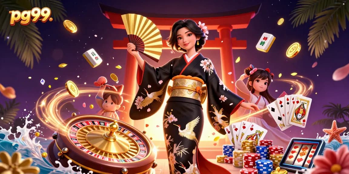 Spin the reels at pg99, featuring an elegant Asian woman amidst golden coins and vibrant casino elements.