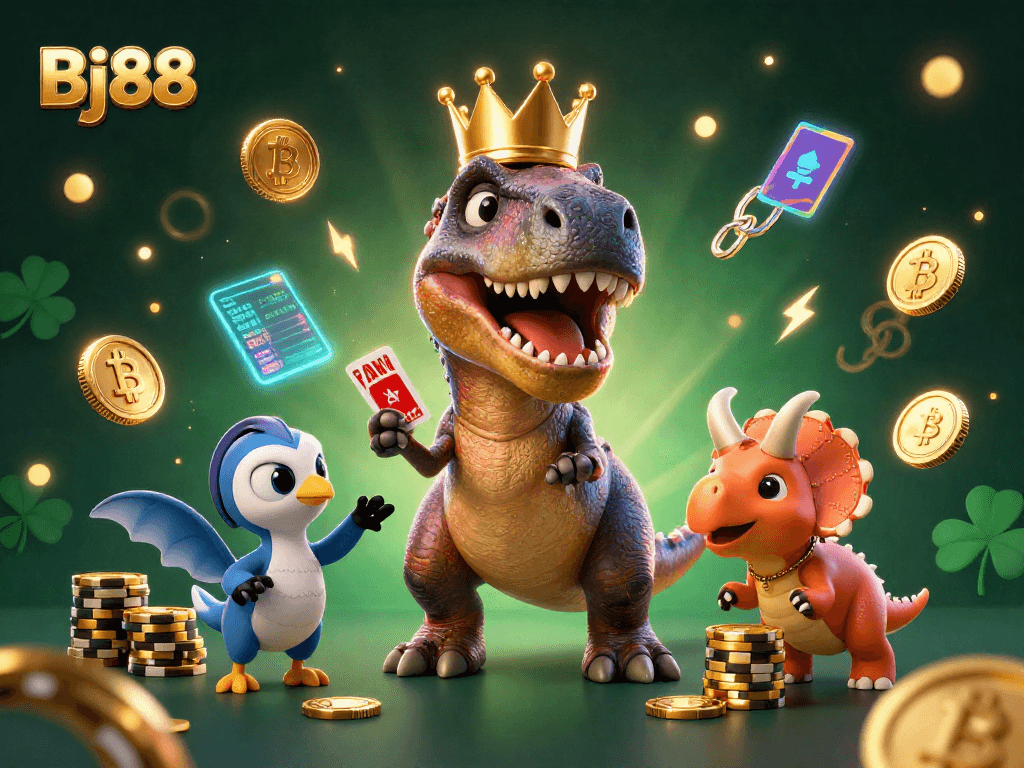 Bj88 showcases a playful T-Rex, pterodactyl, and triceratops in a lively crypto casino scene.