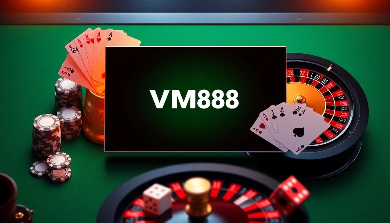 Engaging VM88 online casino interface featuring dynamic poker chips, roulette, and dice action