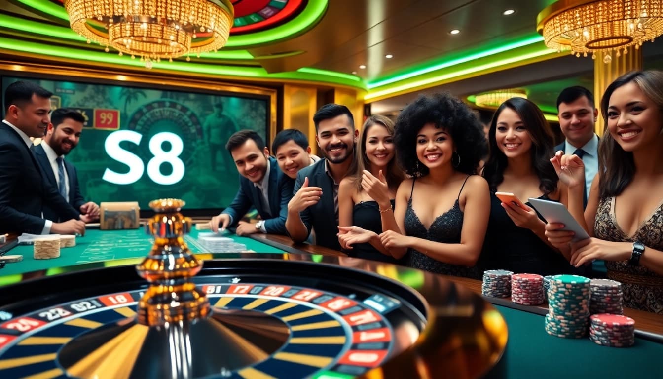 S8 casino excitement with players engaging at a roulette wheel and vibrant poker chips.