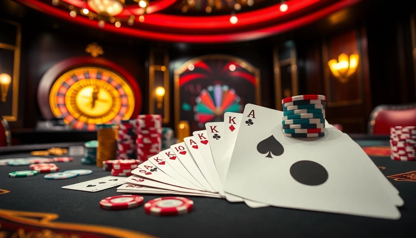 Experience the excitement of 98Win with a luxurious poker scene showcasing vibrant chips and a roulette wheel.
