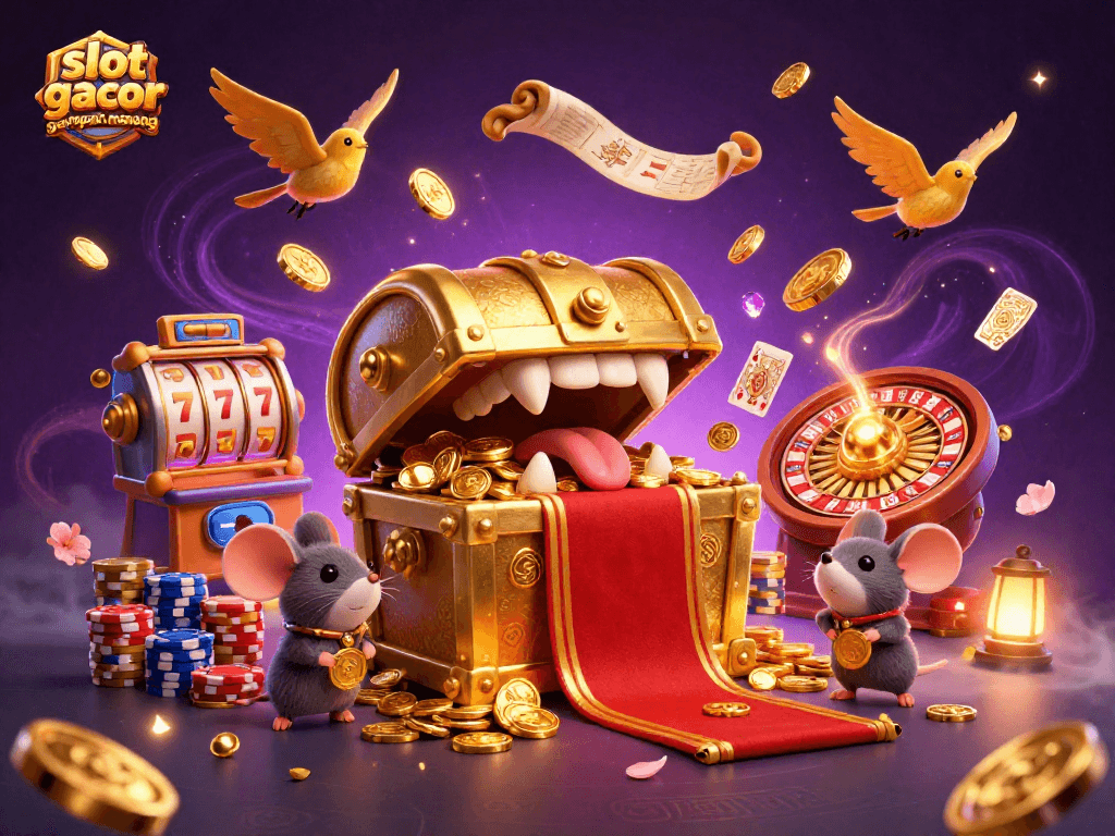 Experience the excitement of slot gacor gampang menang with treasure chests, coins, and vivid casino elements.