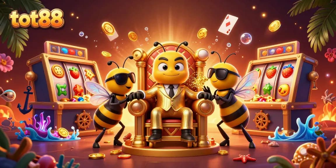 Experience tot88's thrilling slots experience with a buzzing bumblebee mob boss surrounded by casino elements.