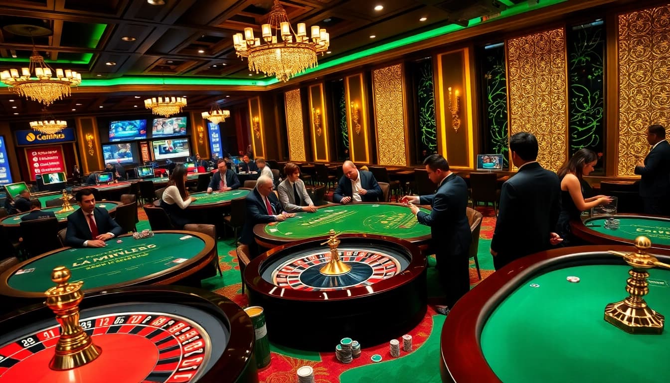 Players enjoying a thrilling game at tk88's luxurious casino tables with vibrant chips and cards.