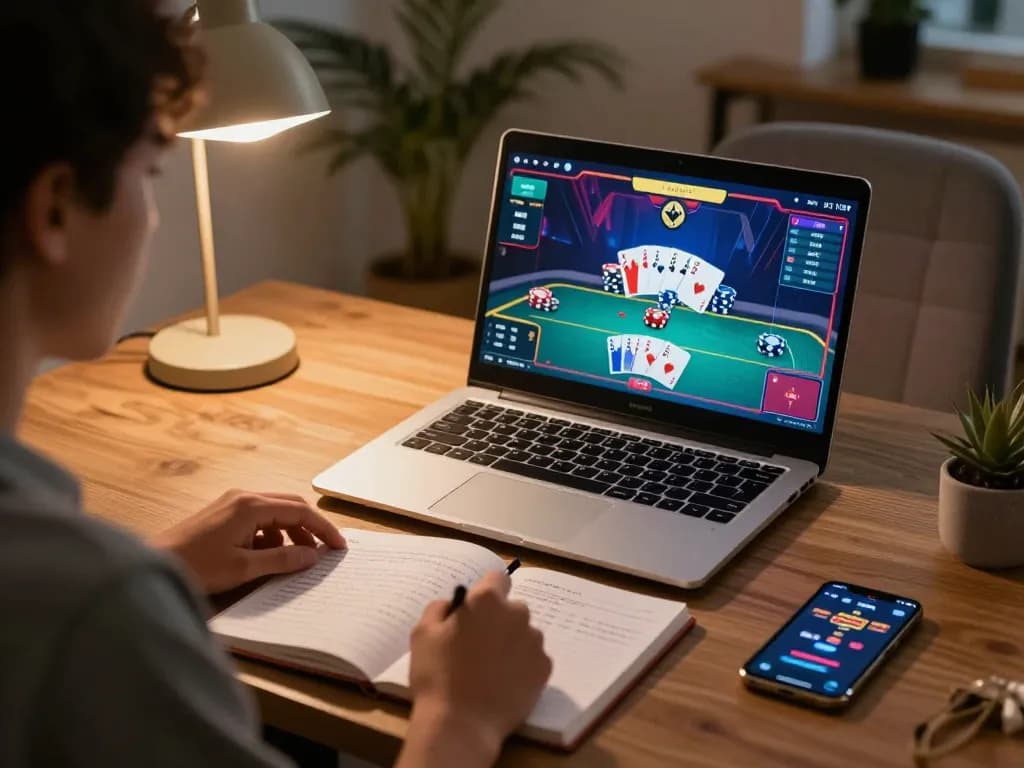 Player strategizing on situs slot while engaging in online poker, showcasing gameplay interface and notes.