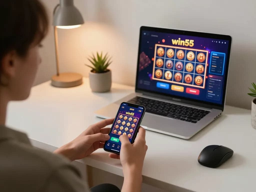 Person engaging with win55 app on smartphone for mobile gambling activities in a cozy home setting