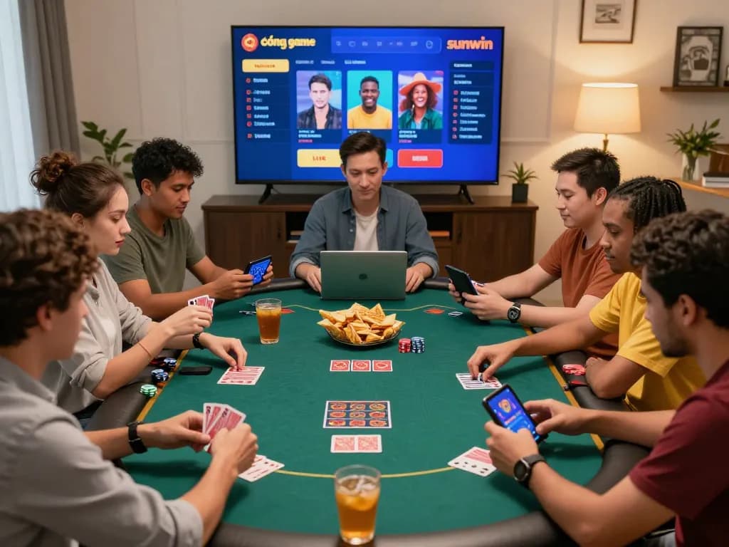 Engaged players enjoying cổng game sunwin in a vibrant home gaming setup with interactive devices and lively atmosphere.
