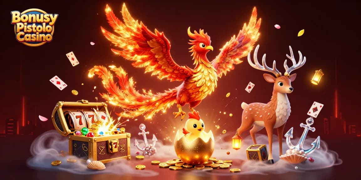 Engage in exciting bonuses at Bonusy Pistolo Casino featuring a phoenix and rich gaming elements.