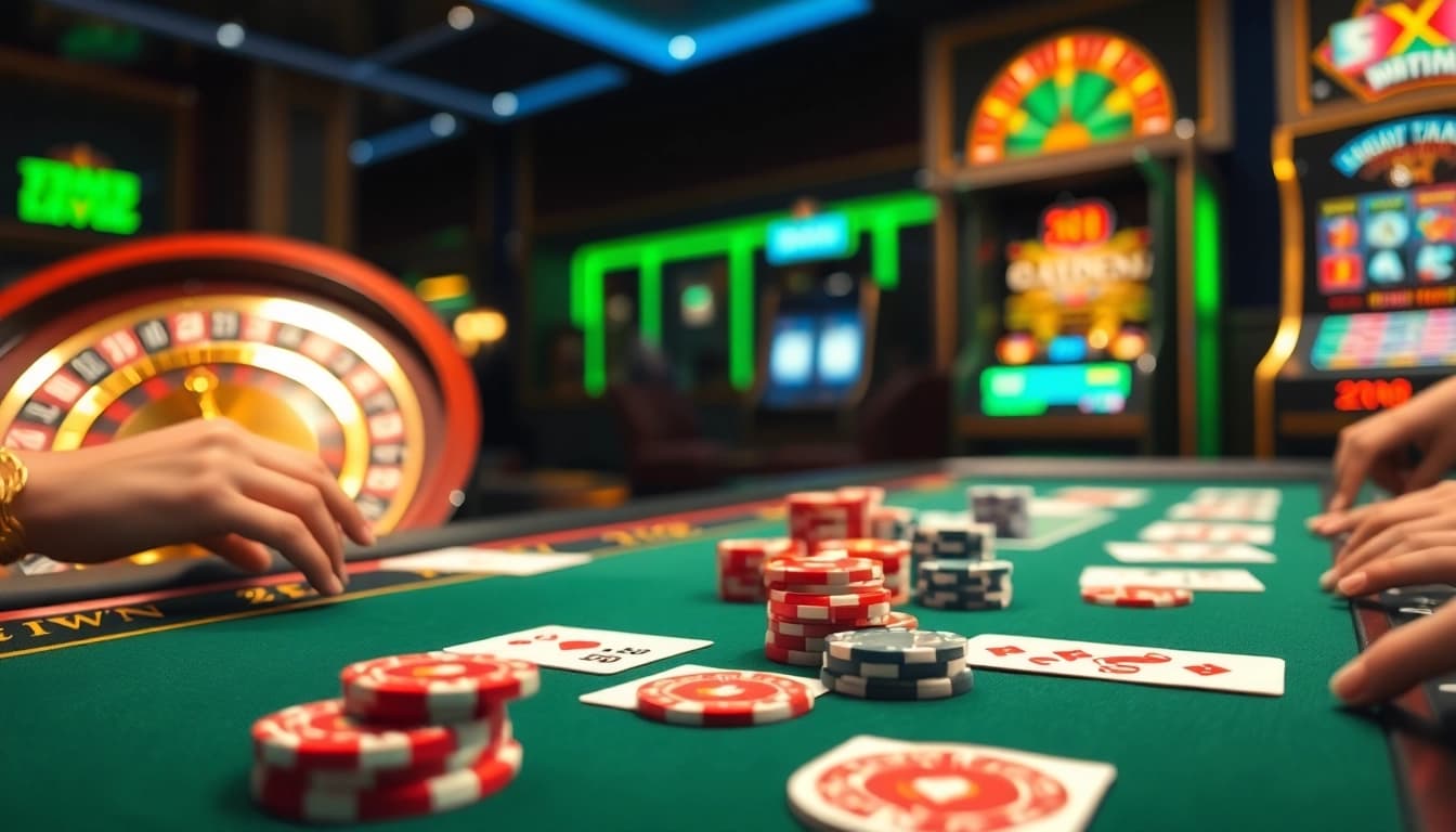 IWIN68 players strategizing at an elegant casino table filled with poker chips and cards.