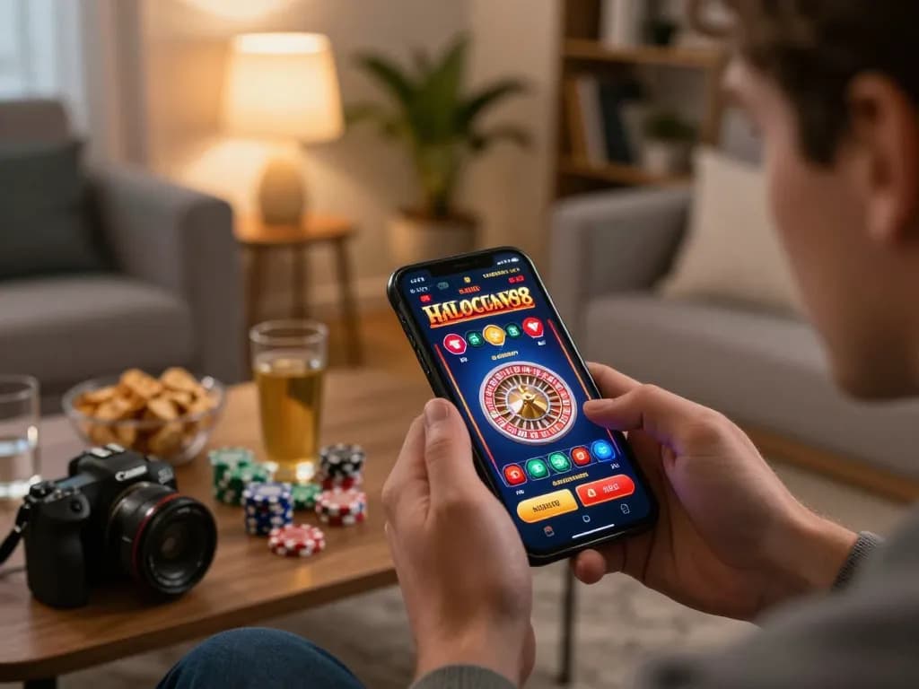 Pemain menikmati aplikasi kasino HALOCUAN98 sambil terlibat dalam roulette daring di rumah, menampilkan momen permainan yang mendebarkan.