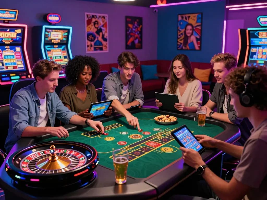 Friends engaging in online casino games at 32win with vibrant lighting and gaming devices.