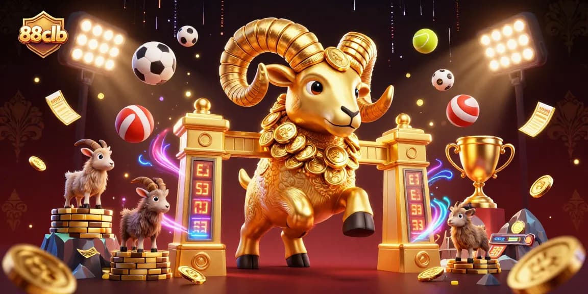 Experience thrilling gaming at 88clb with a dynamic scene of golden ram and sports action.