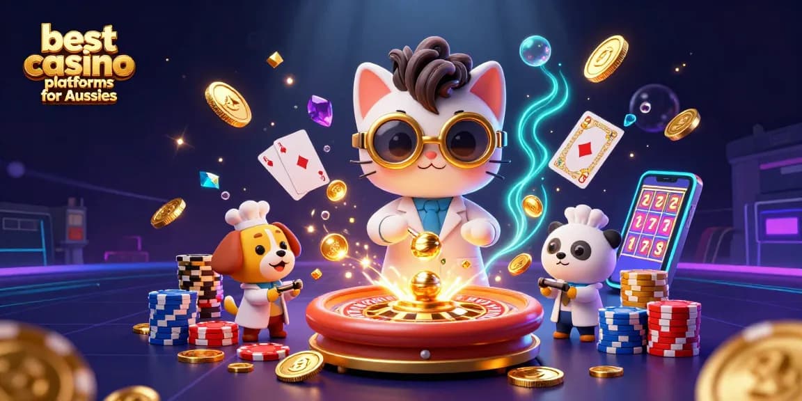 Experience the best casino platforms for Aussies with animated characters in a vibrant casino scene.