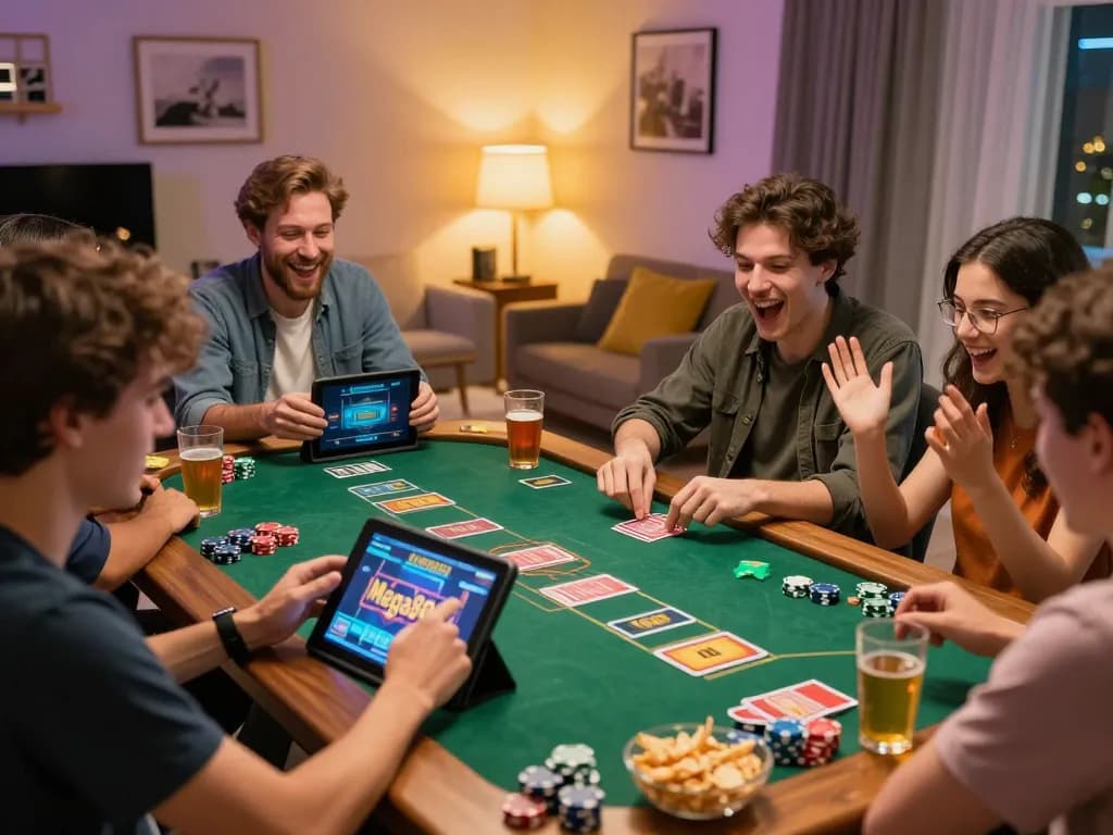 Players enjoying Mega888 gaming on a tablet during a lively home gathering.