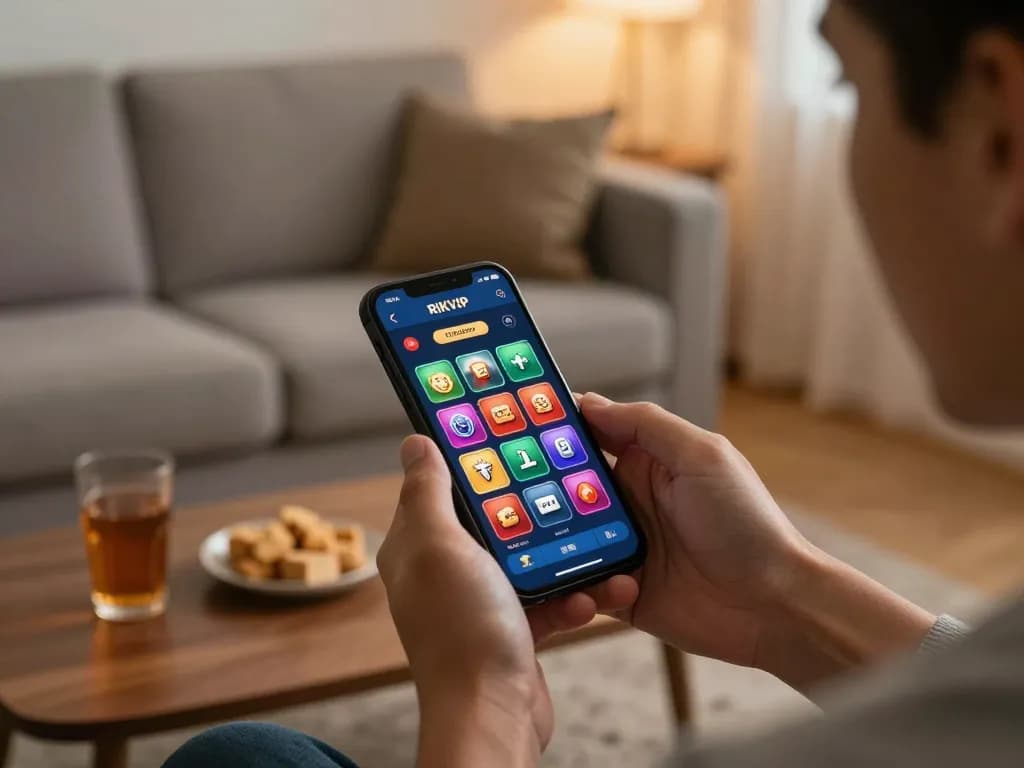 RIKVIP user engaging with the mobile casino app in a cozy home setting, highlighting responsible gaming.