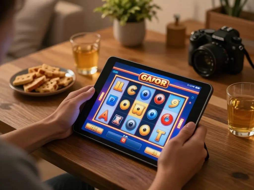 Memainkan toto slot gacor yang menarik di tablet dengan gulungan berwarna-warni di rumah, meningkatkan pengalaman bermain.