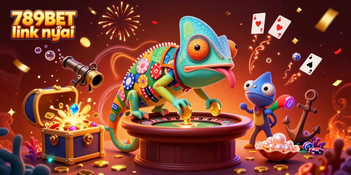 Experience the excitement of 789BET link mới with a lively chameleon casino owner capturing golden coins.